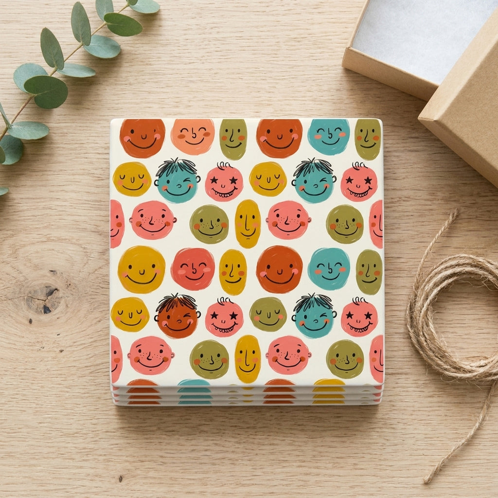Smiley Face ceramic coasters set of 4, gift set