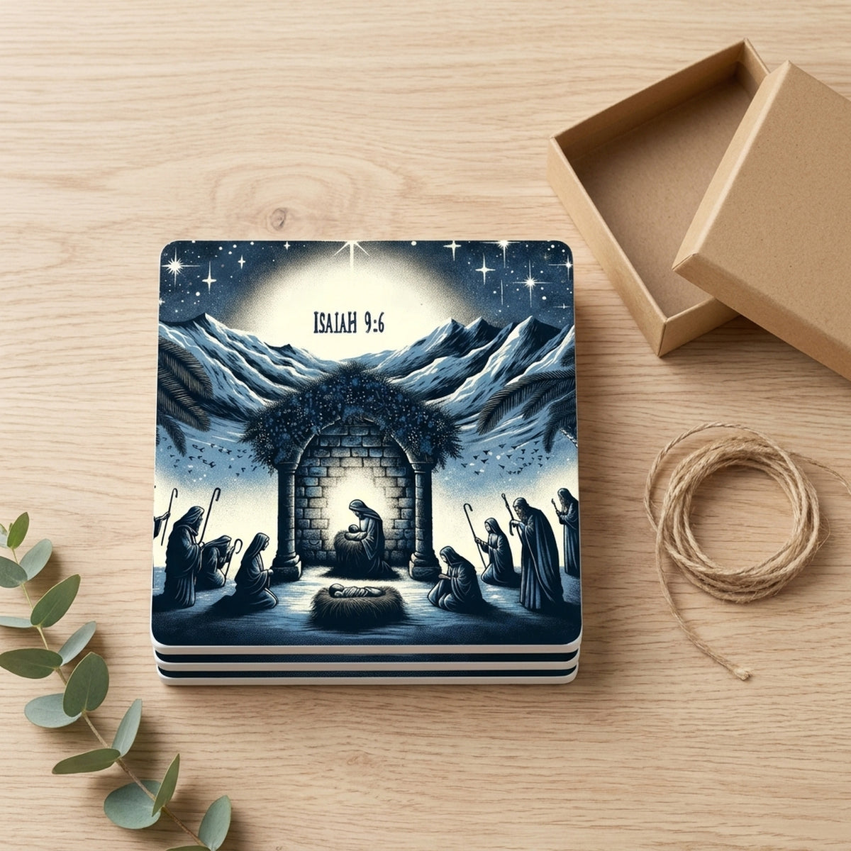 Midnight Blue Nativity ceramic coasters set of 4, gift set