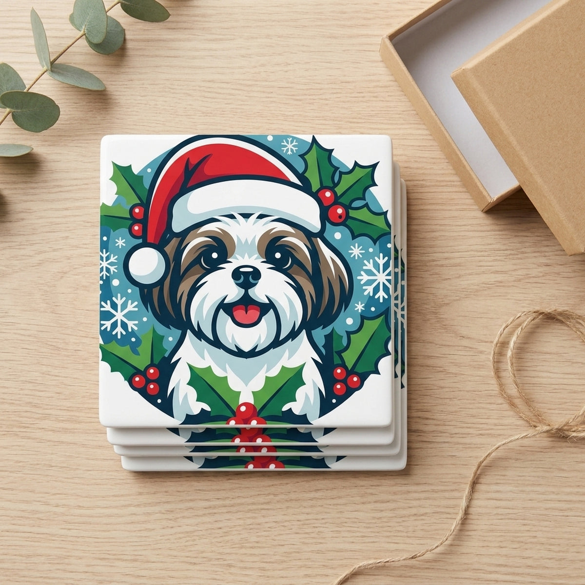Shih Tzu Christmas Ornament Art ceramic coasters set of 4, gift set