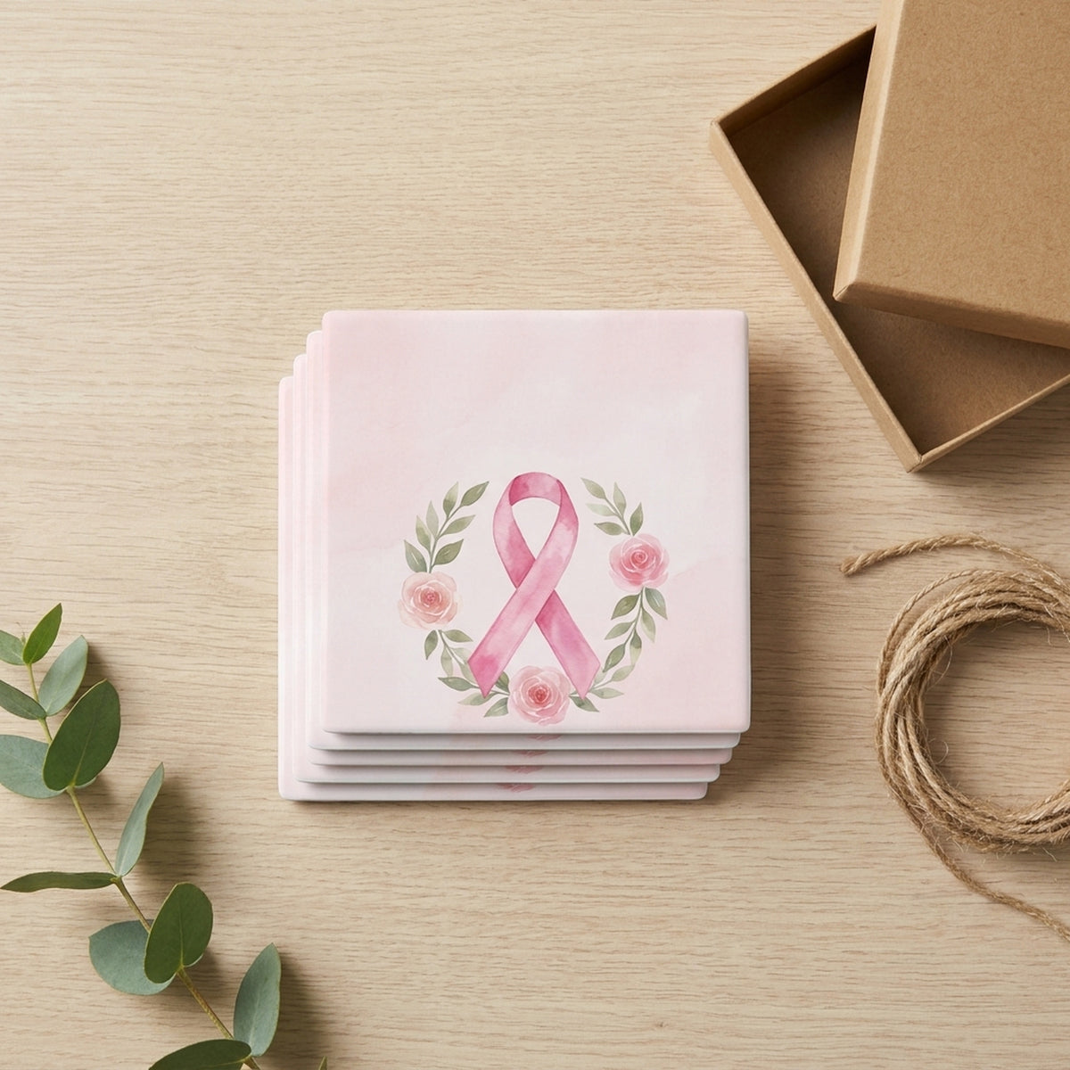 Breast Cancer Ribbon ceramic coasters set of 4, gift set