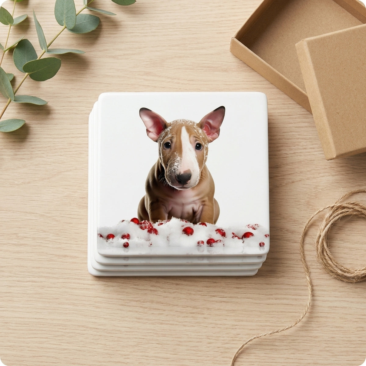 Bull Terrier Puppy ceramic coasters set of 4, gift set