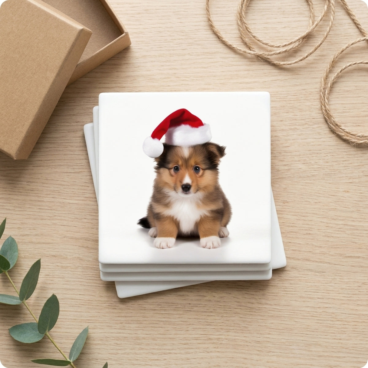 Shetland Sheepdog Puppy ceramic coasters set of 4, gift set
