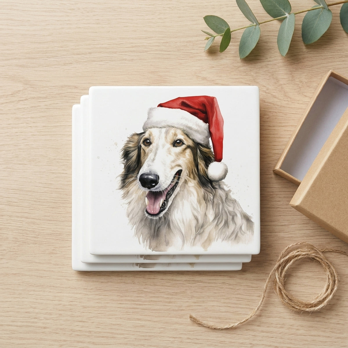 Borzoi Puppy Drawing ceramic coasters set of 4, gift set
