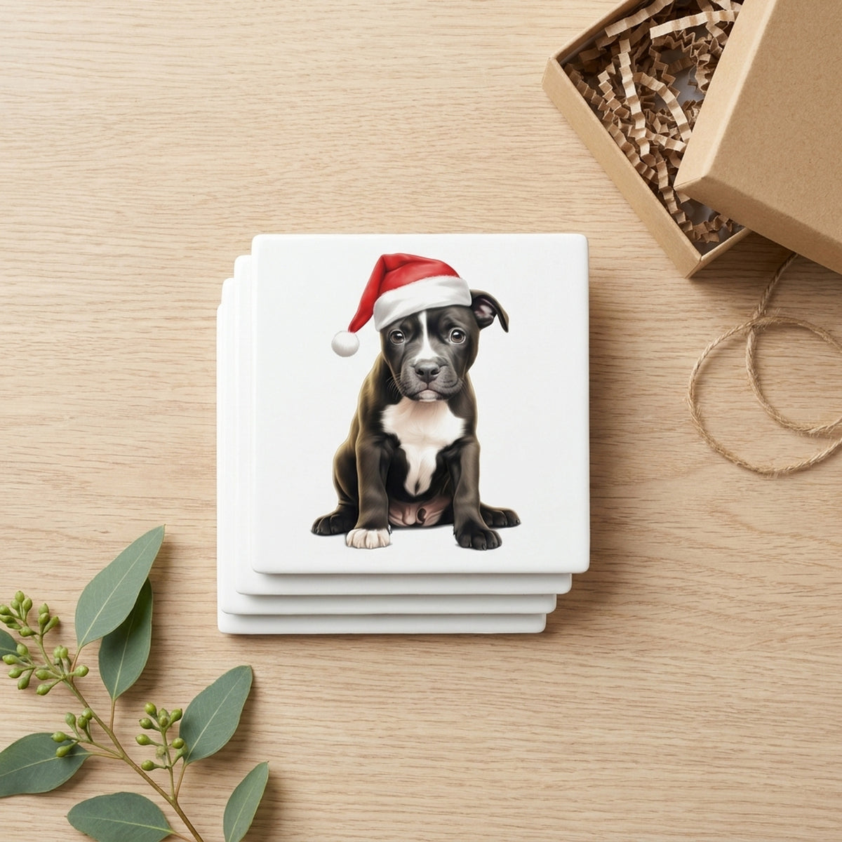 Staffordshire Bull Terrier Puppy Drawing ceramic coasters set of 4, gift set