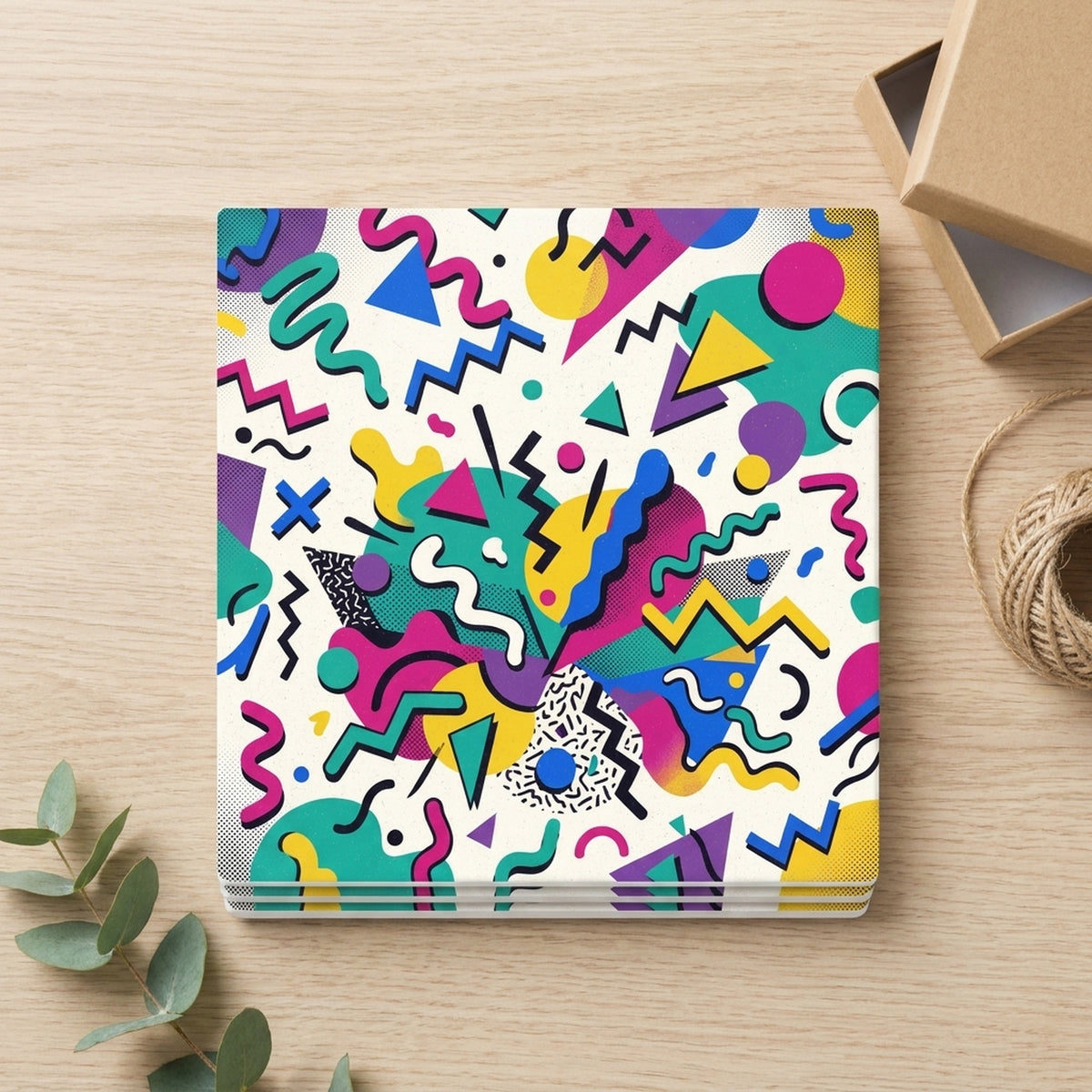 90s Memphis Shapes ceramic coasters set of 4, gift set