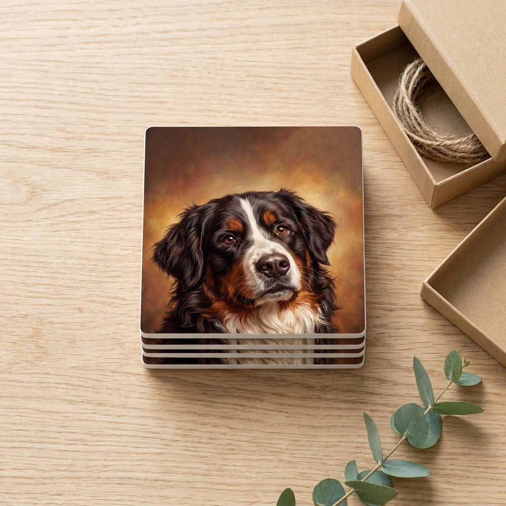 Bernese Mountain Dog Portrait ceramic coasters set of 4, gift set