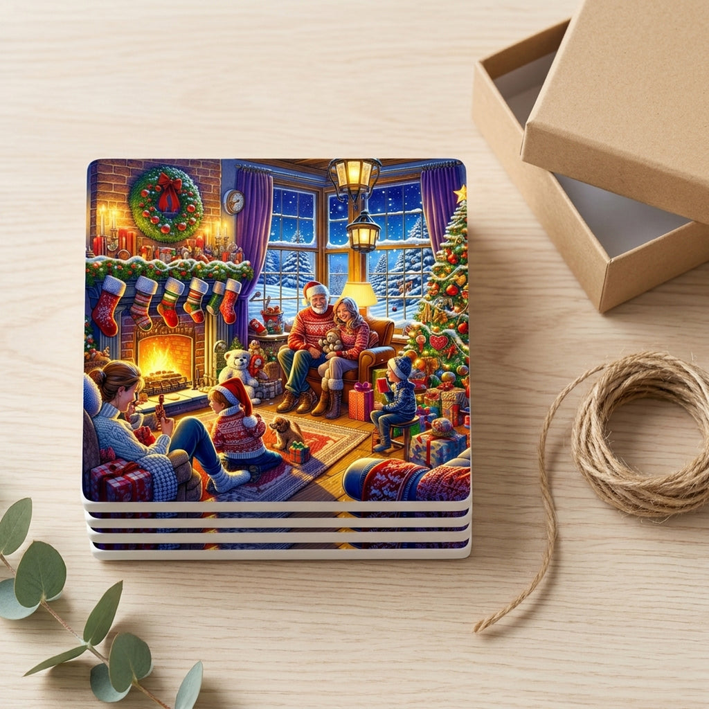 Cozy Christmas Hearth ceramic coasters set of 4, gift set
