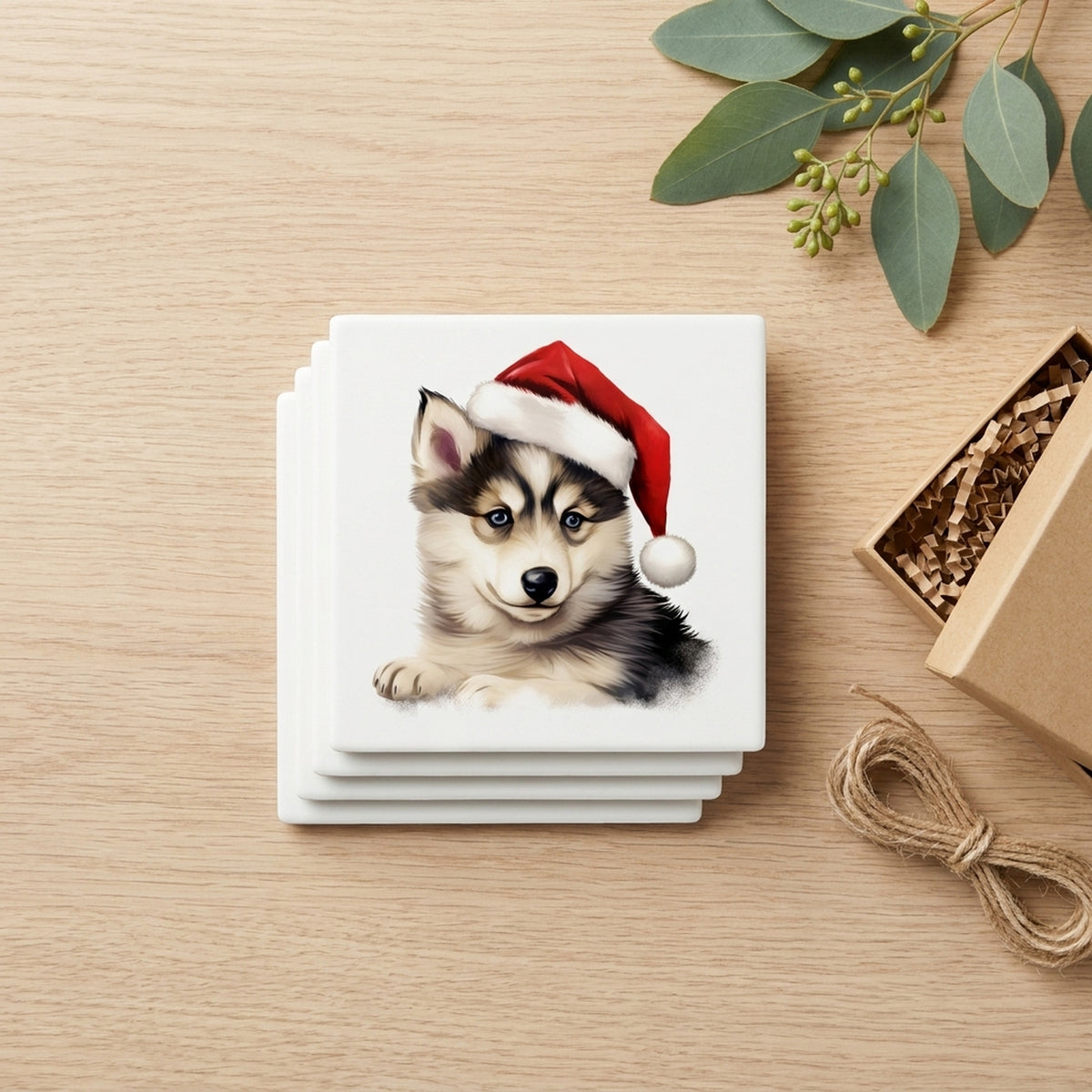 Siberian Husky Puppy Drawing ceramic coasters set of 4, gift set