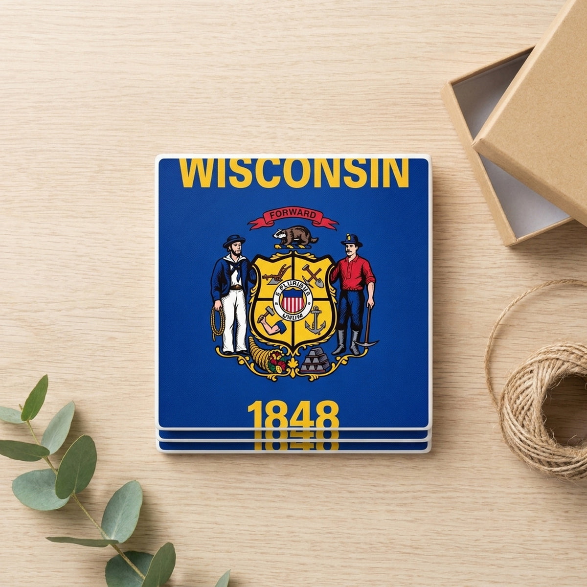 Wisconsin State Flag ceramic coasters set of 4, gift set