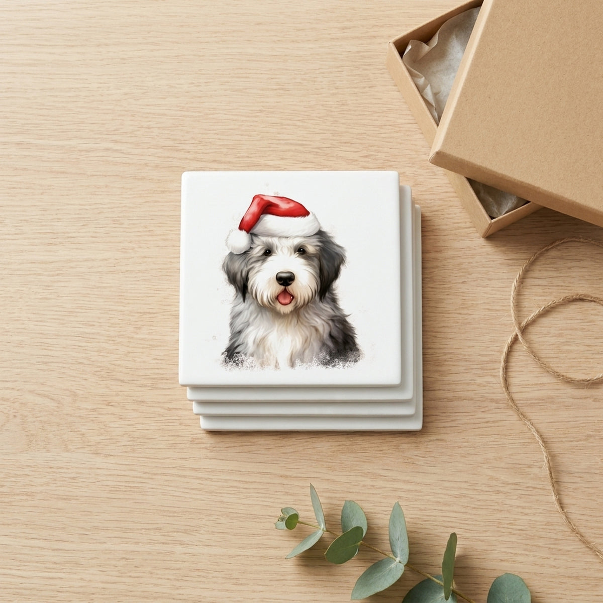 Old English Sheepdog Puppy Drawing ceramic coasters set of 4, gift set