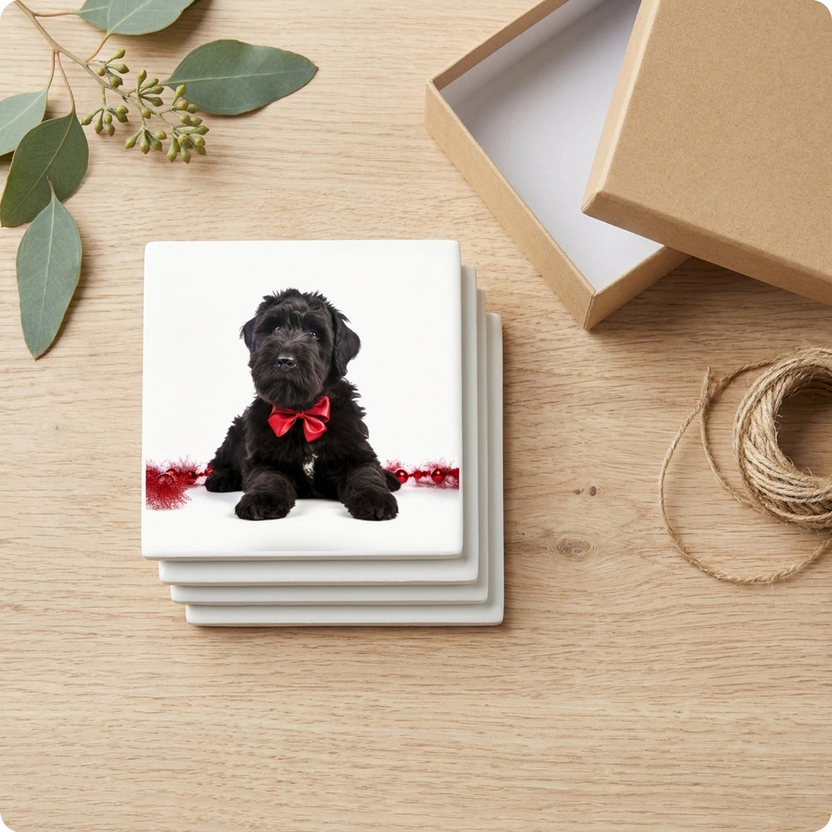 Black Russian Terrier Puppy ceramic coasters set of 4, gift set