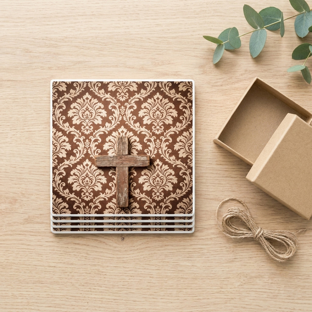 Wooden Cross ceramic coasters set of 4, gift set