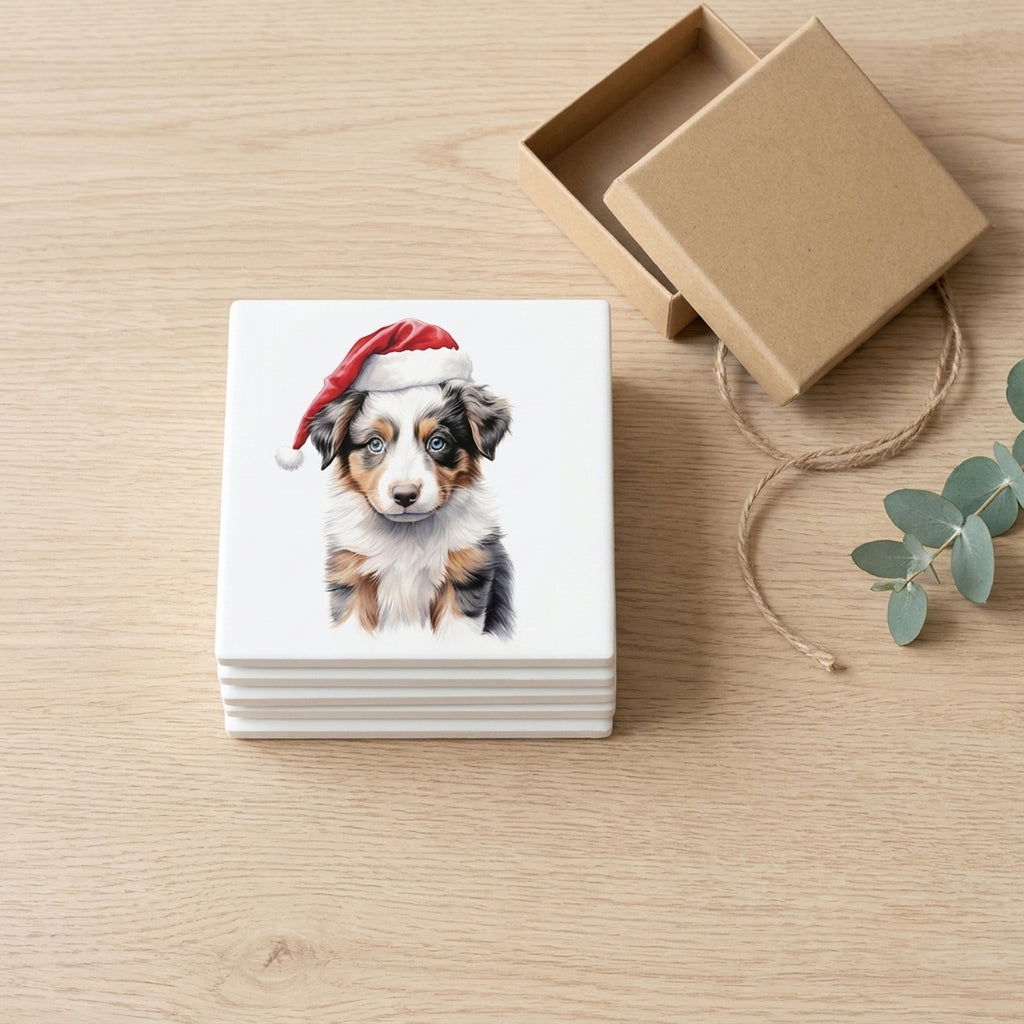 Australian Shepherd Puppy Drawing ceramic coasters set of 4, gift set
