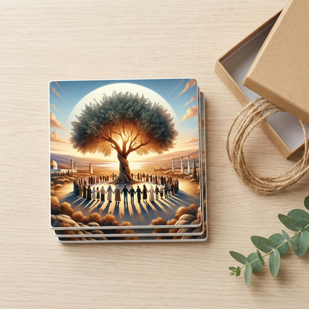 Golden Olive Tree ceramic coasters set of 4, gift set