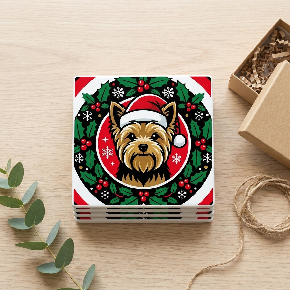 Yorkshire Terrier Christmas Ornament Art ceramic coasters set of 4, gift set