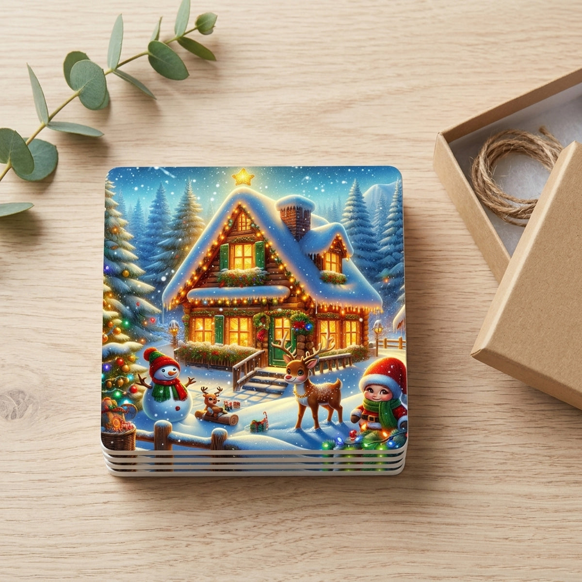 Snowy Christmas Cottage ceramic coasters set of 4, gift set
