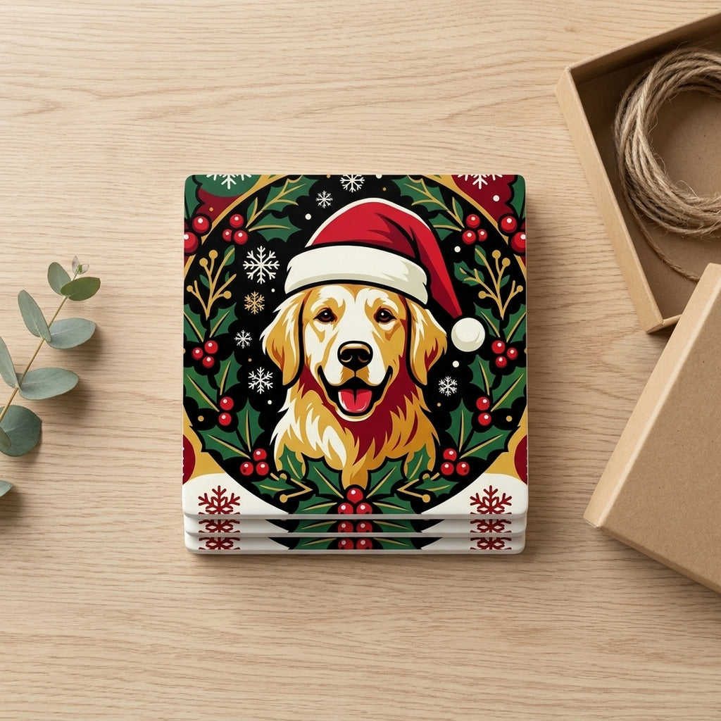 Golden Retriever Christmas Ornament Art ceramic coasters set of 4, gift set