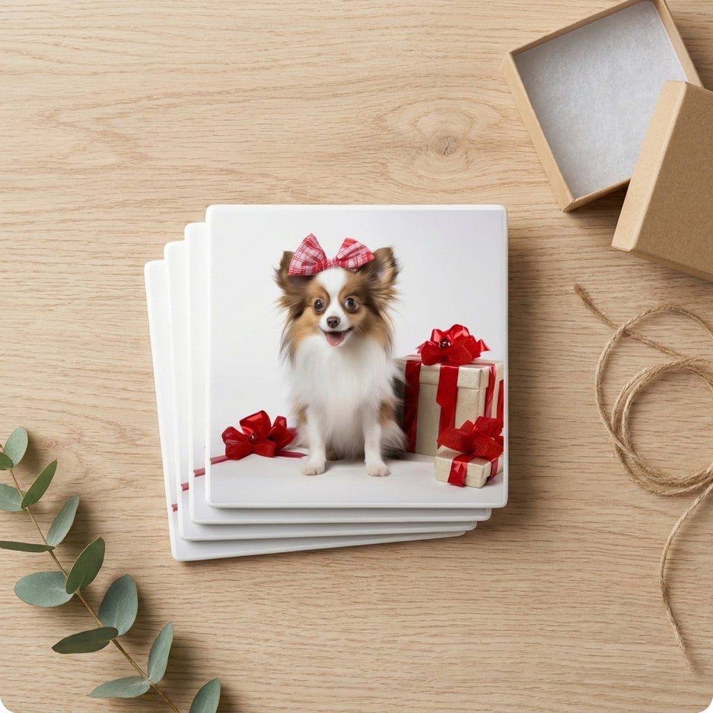 Papillon Puppy ceramic coasters set of 4, gift set