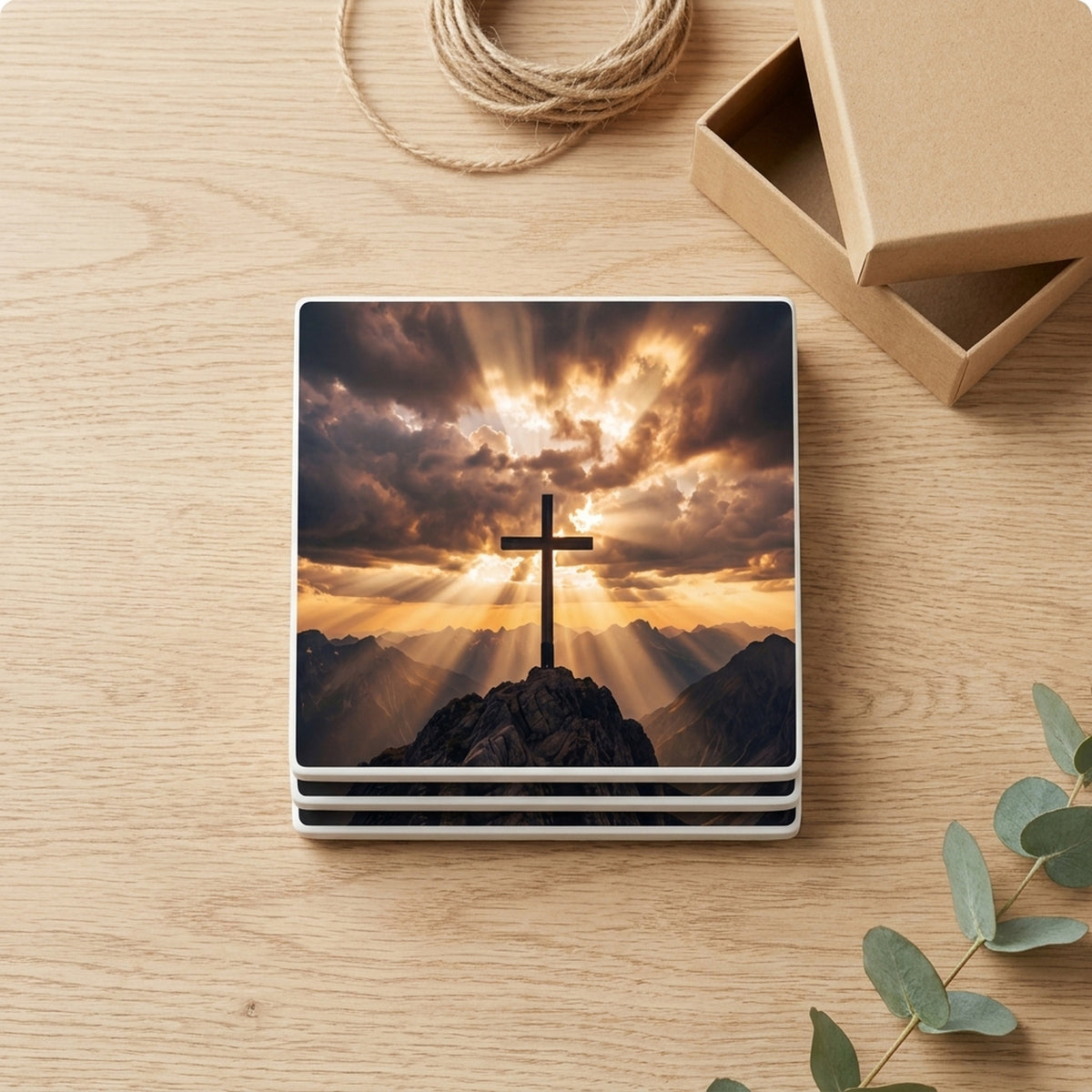 Cross On Mountains ceramic coasters set of 4, gift set