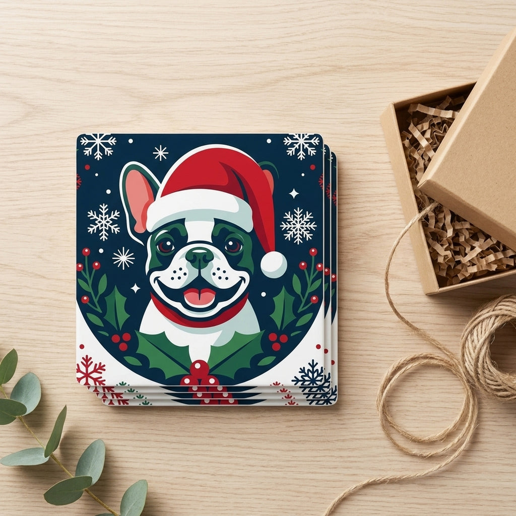 French Bulldog Christmas Ornament Art ceramic coasters set of 4, gift set