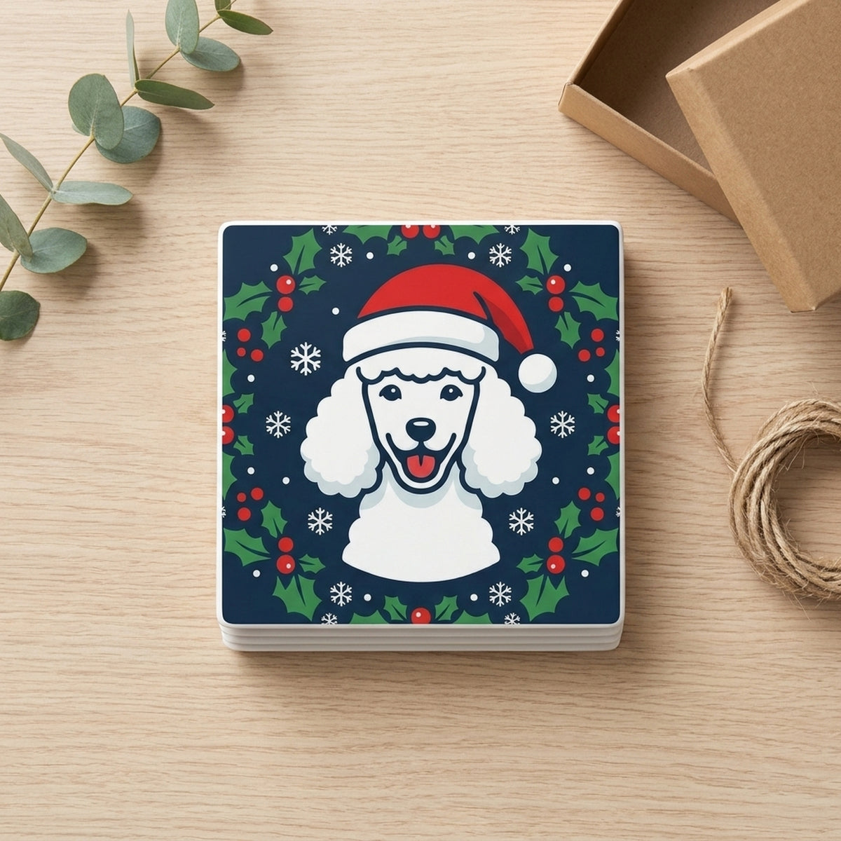Poodle Christmas Ornament Art ceramic coasters set of 4, gift set