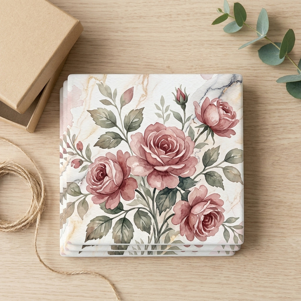 Vintage Rose Bouquet ceramic coasters set of 4, gift set