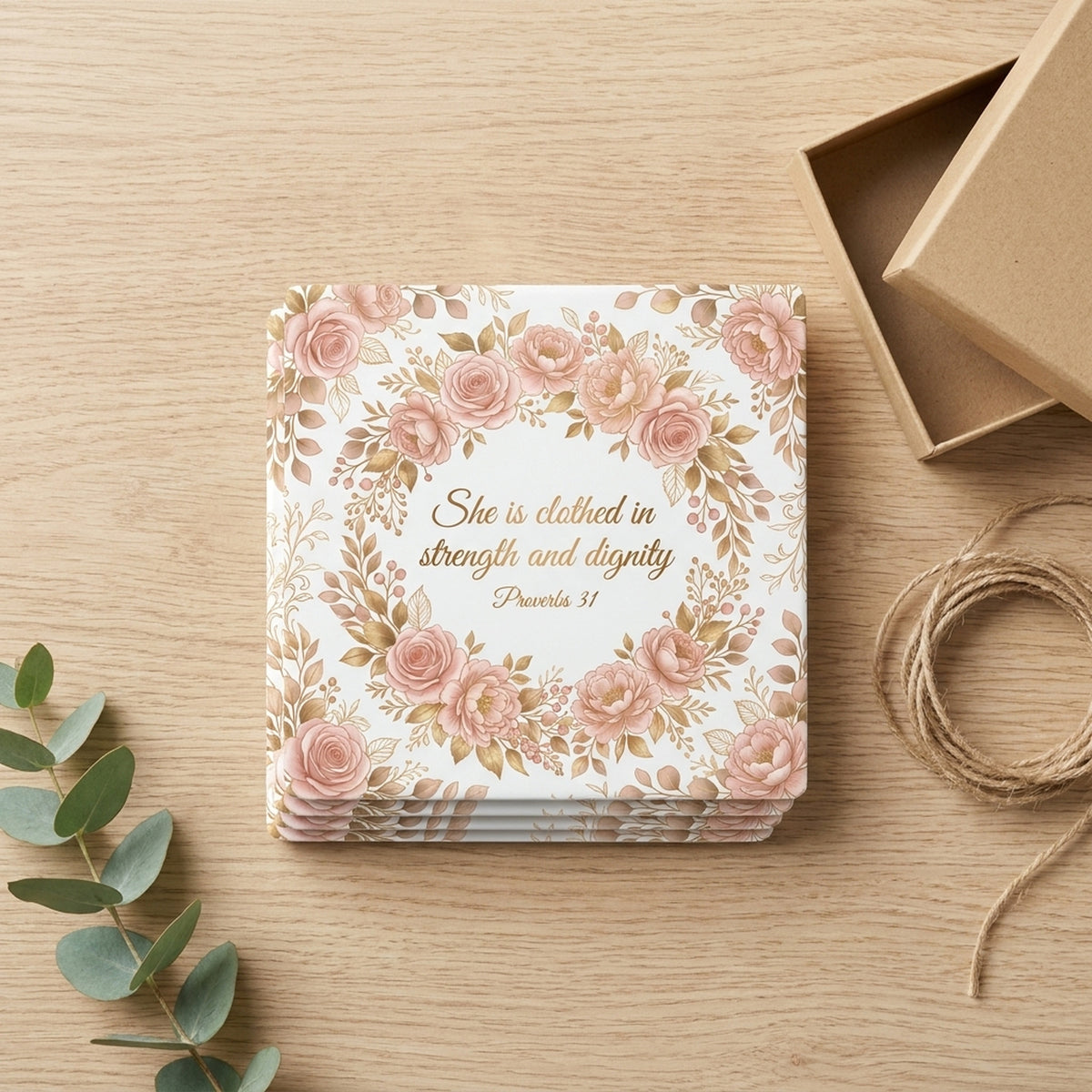 She Is Clothed In Strength ceramic coasters set of 4, gift set