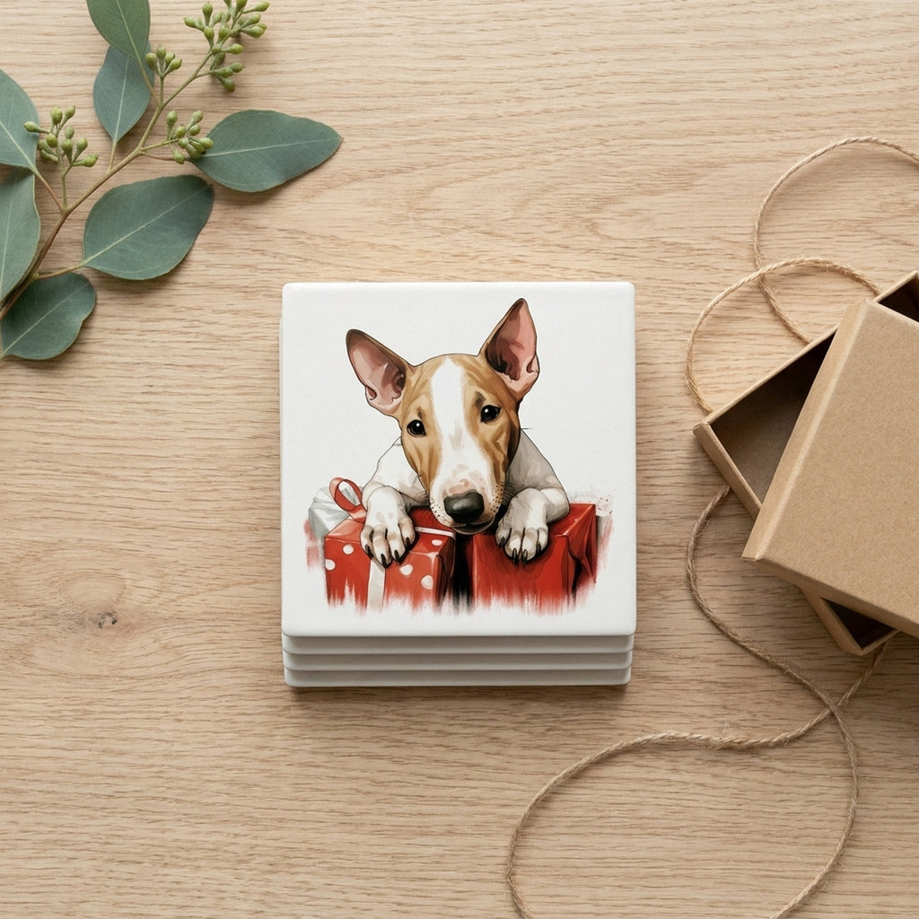 Bull Terrier Puppy Drawing ceramic coasters set of 4, gift set