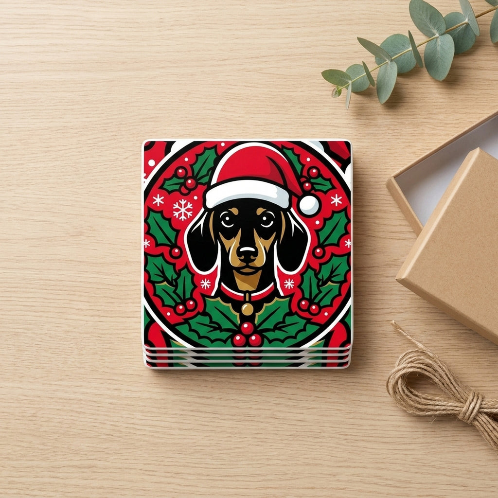 Dachshund Christmas Ornament Art ceramic coasters set of 4, gift set