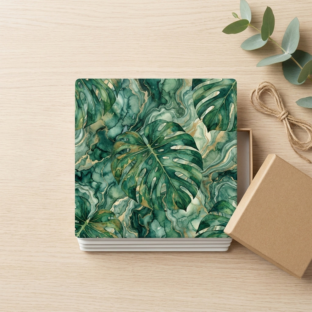 Tropical Monstera ceramic coasters set of 4, gift set