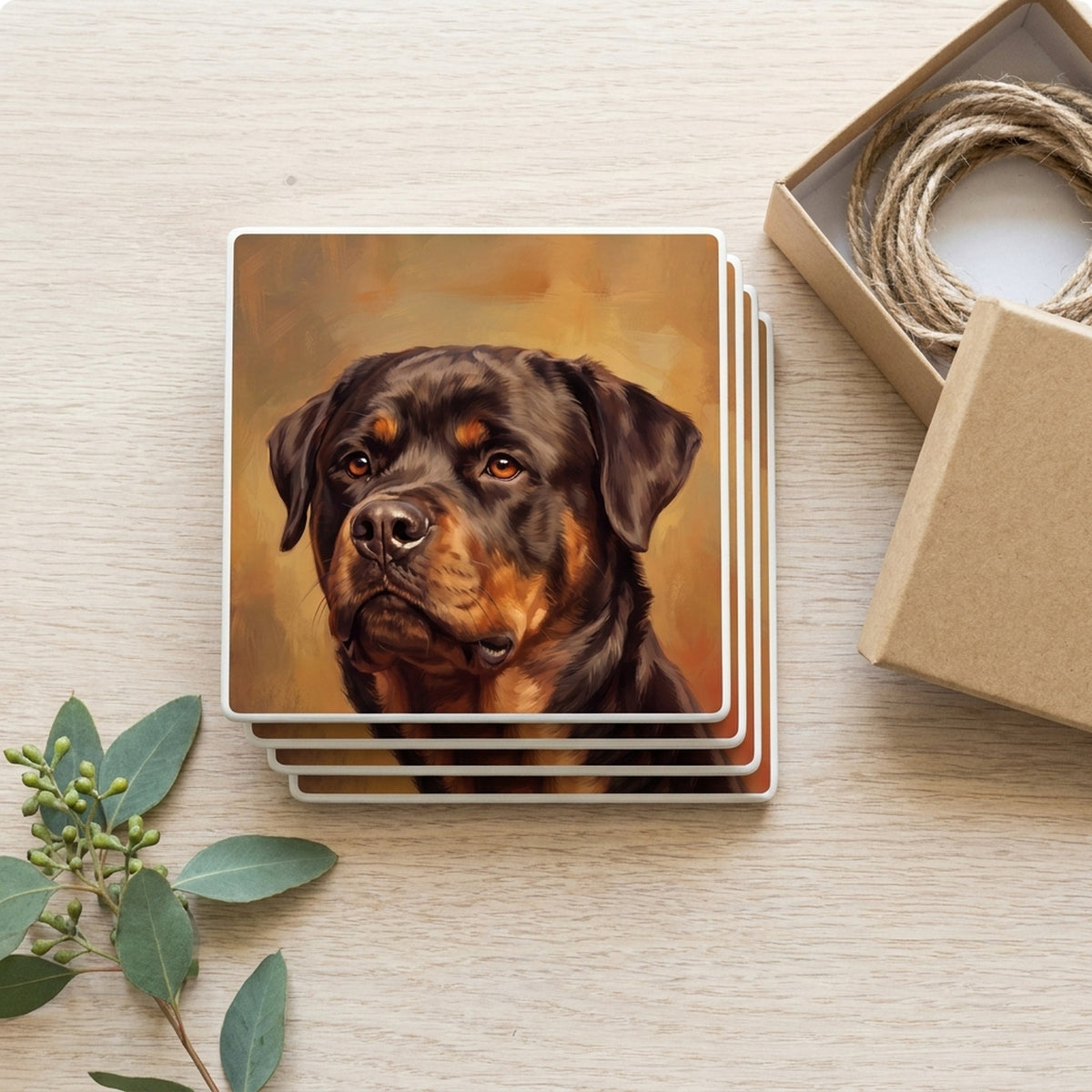 Rottweiler Portrait ceramic coasters set of 4, gift set