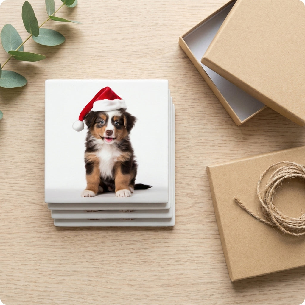 Miniature American Shepherd Puppy ceramic coasters set of 4, gift set
