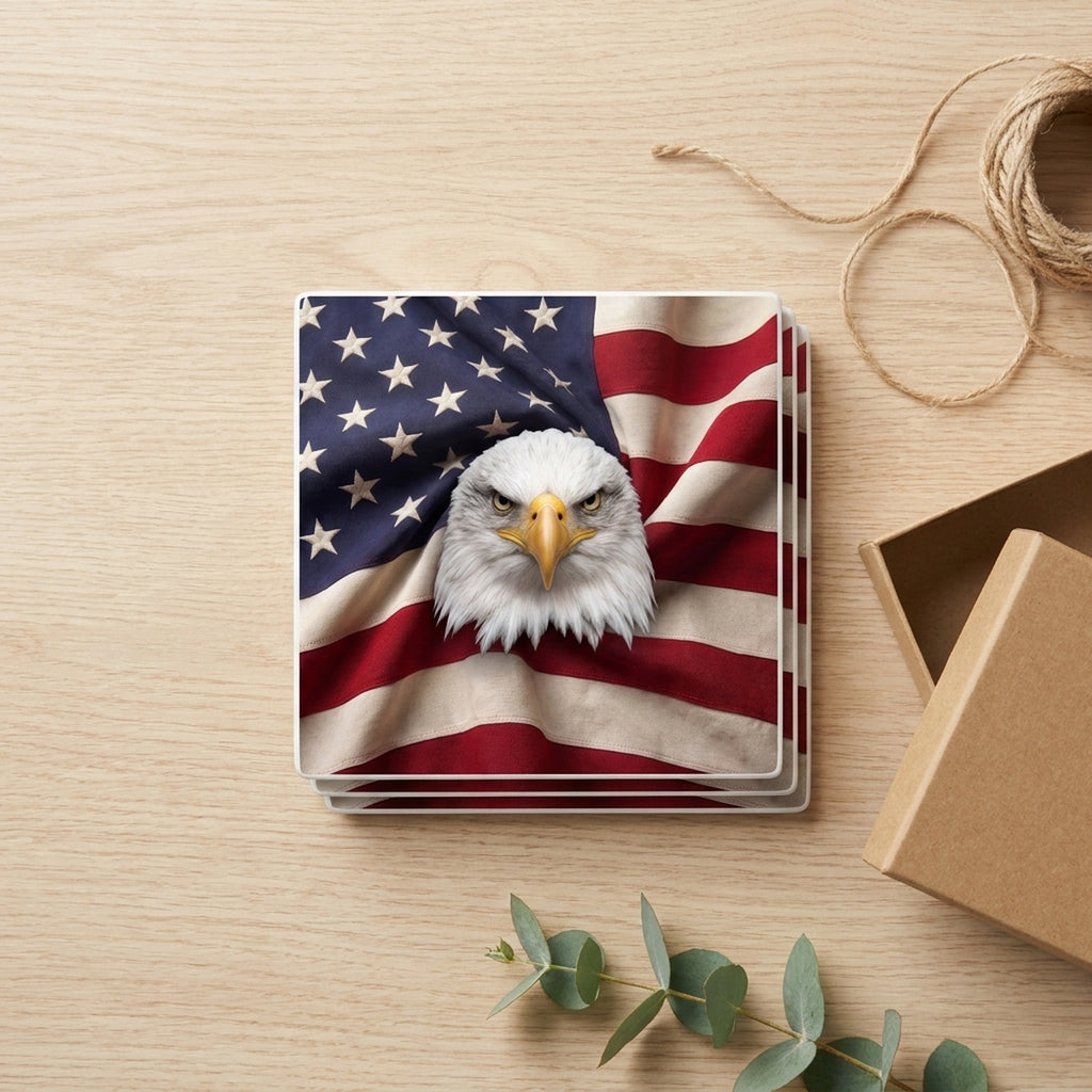 Patriotic Eagle & Flag ceramic coasters set of 4, gift set