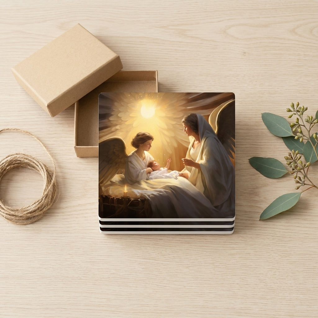 Golden Nativity Angels ceramic coasters set of 4, gift set