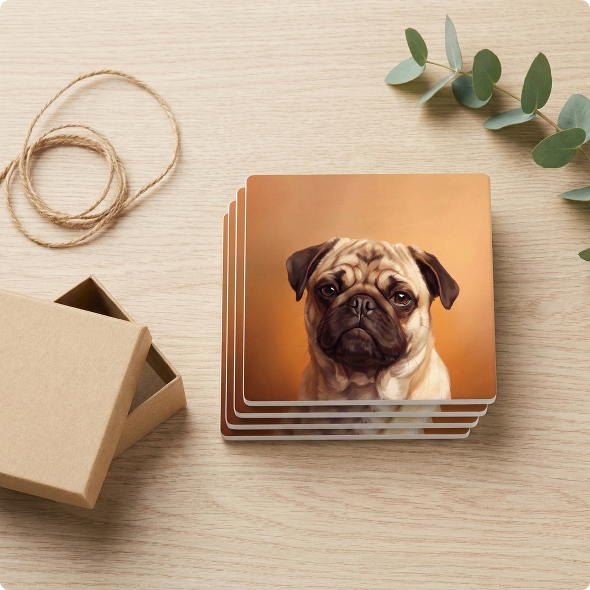 Pug Portrait ceramic coasters set of 4, gift set