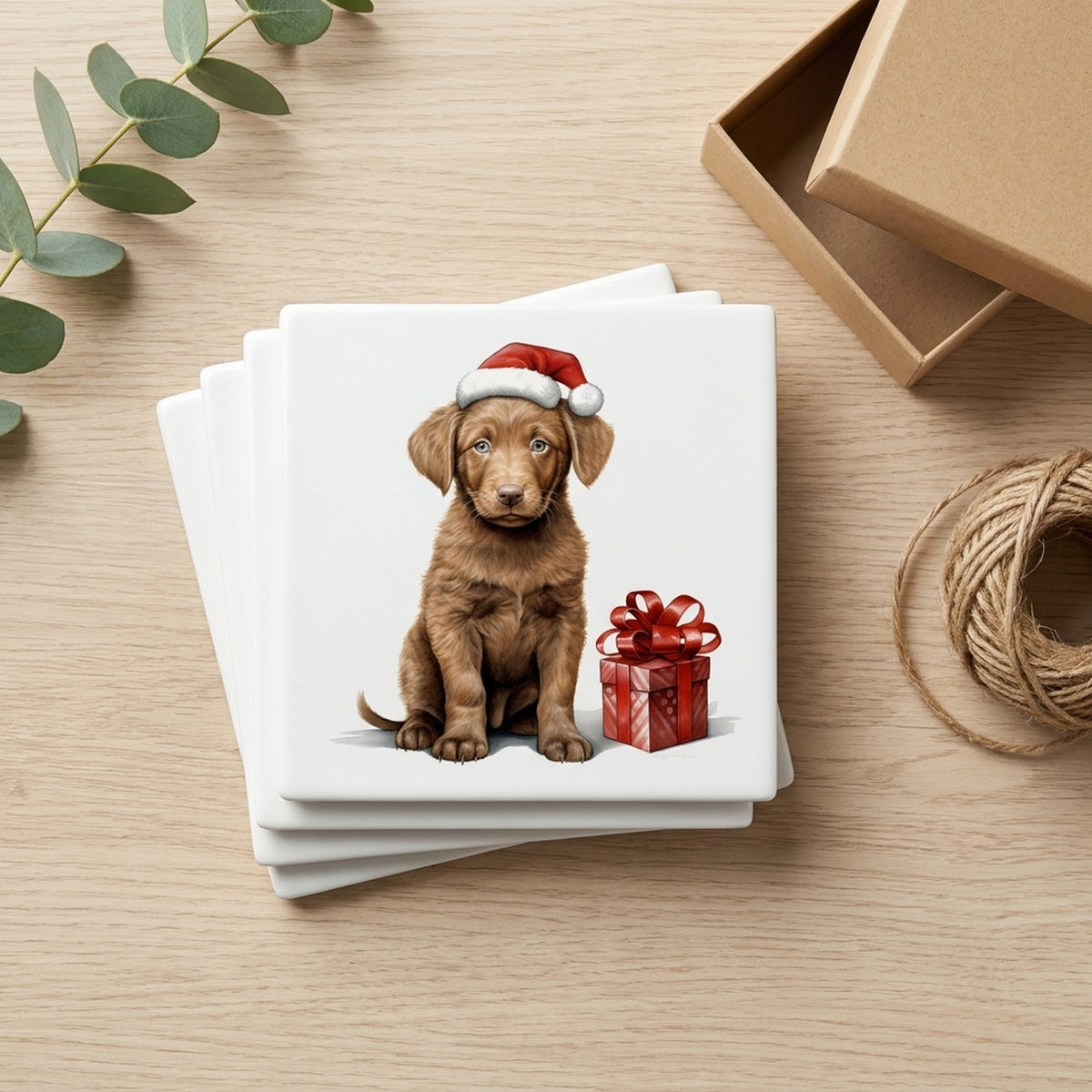 Chesapeake Bay Retriever Puppy Drawing ceramic coasters set of 4, gift set