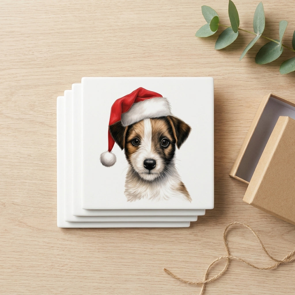 Russell Terrier Puppy Drawing ceramic coasters set of 4, gift set