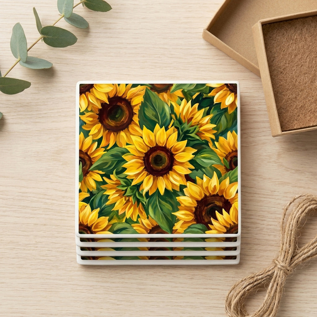 Sunflower Field ceramic coasters set of 4, gift set