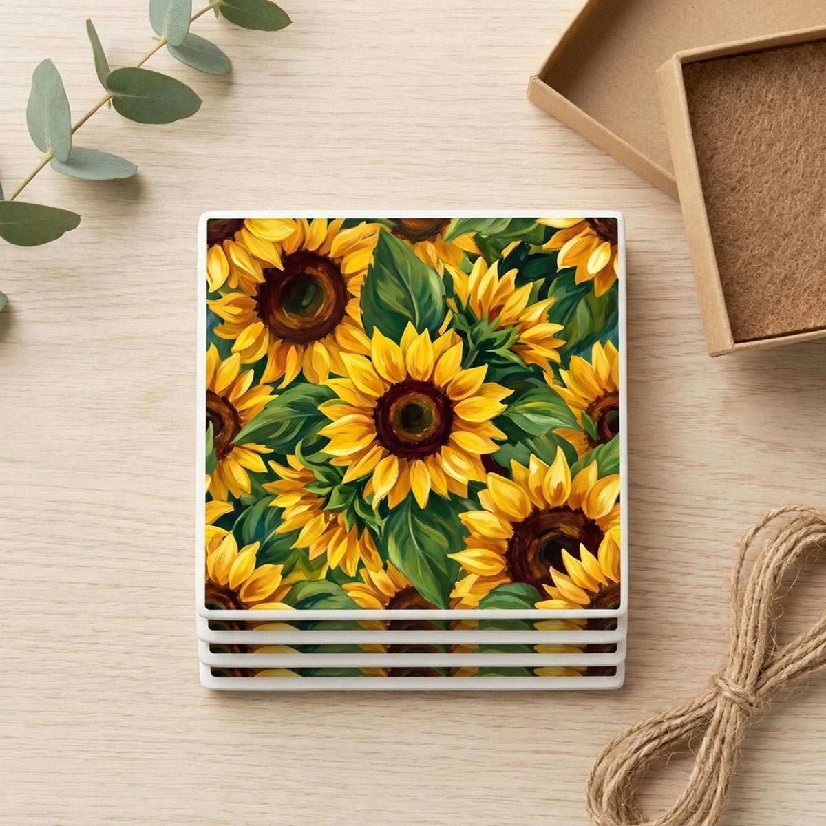 Sunflower Field ceramic coasters set of 4, gift set