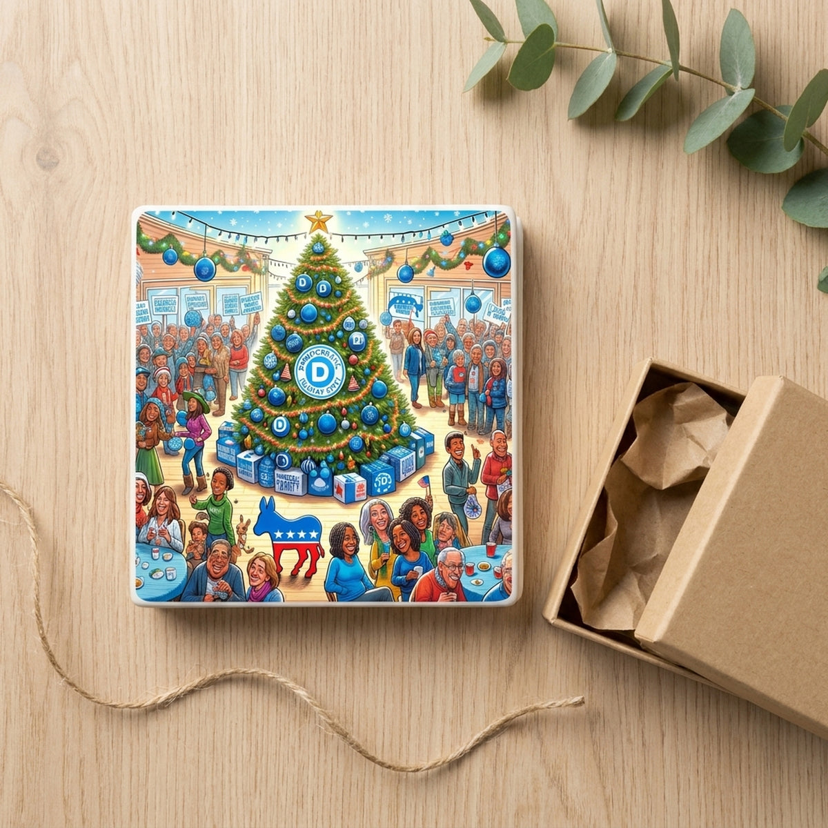Blue Democratic Christmas ceramic coasters set of 4, gift set