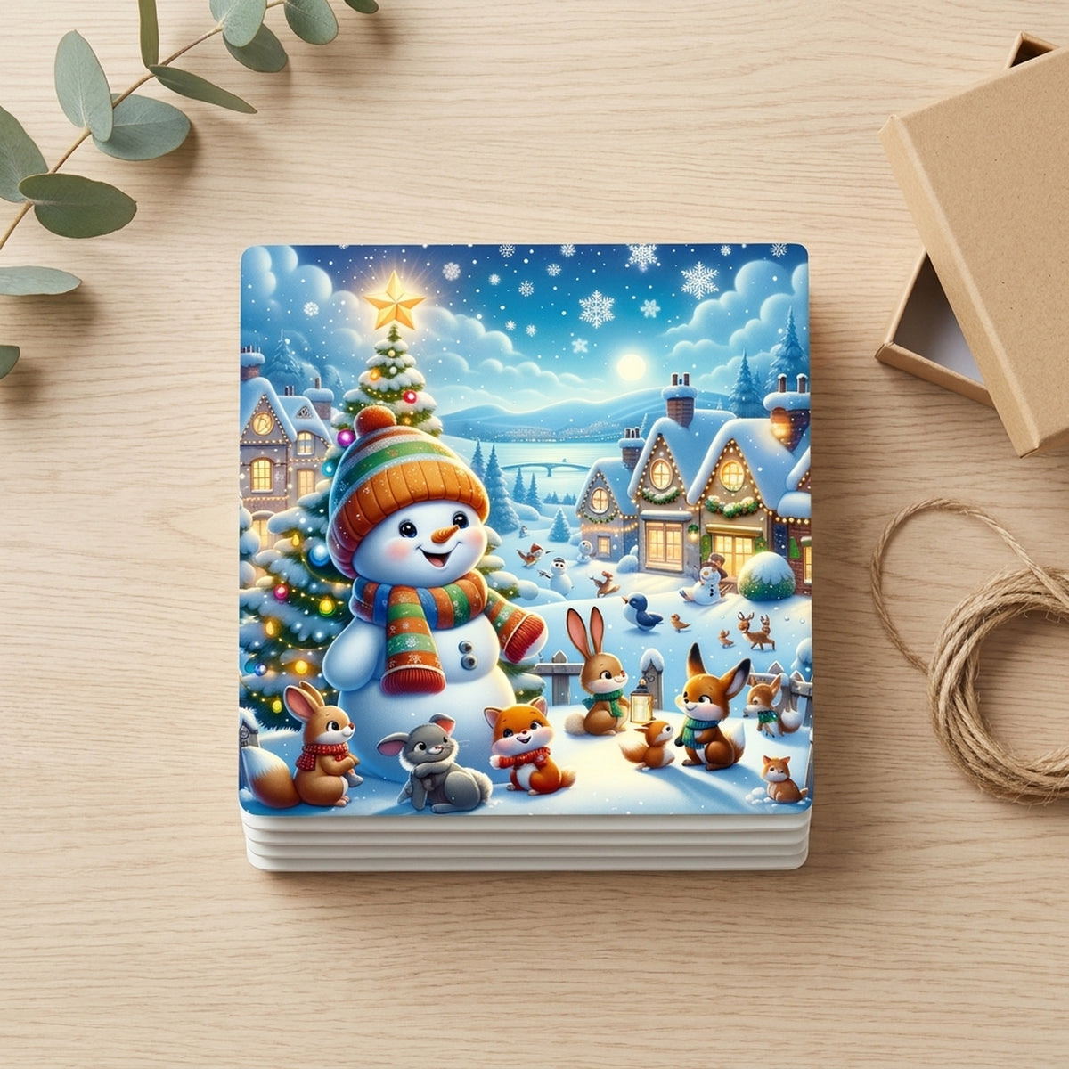 Winter Snowman Village ceramic coasters set of 4, gift set