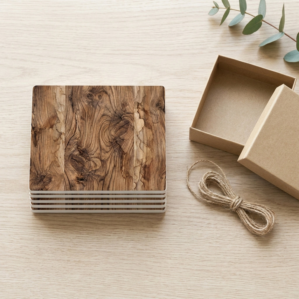 Rustic Wood Grain ceramic coasters set of 4, gift set