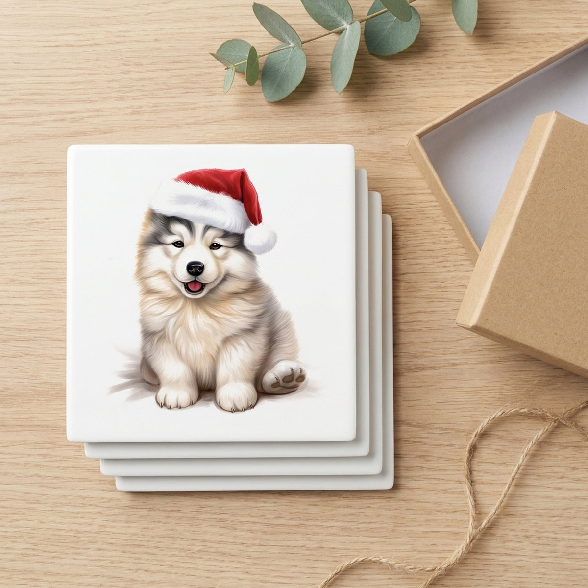 Alaskan Malamute Puppy Drawing ceramic coasters set of 4, gift set