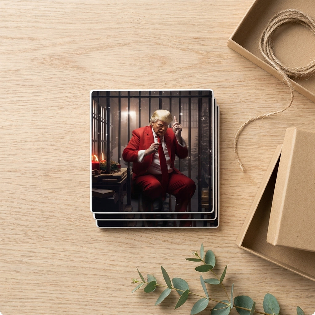 Red Cellblock Santa ceramic coasters set of 4, gift set