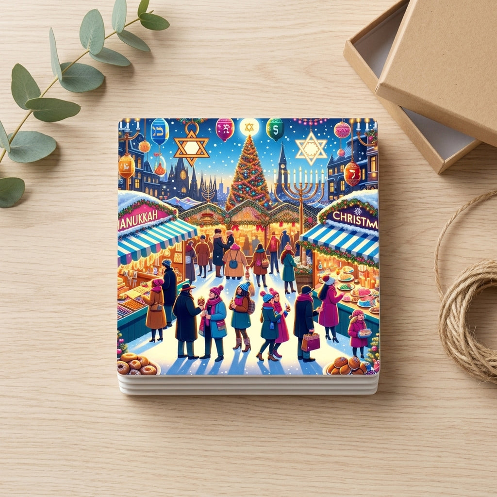 Festive Holiday Market ceramic coasters set of 4, gift set