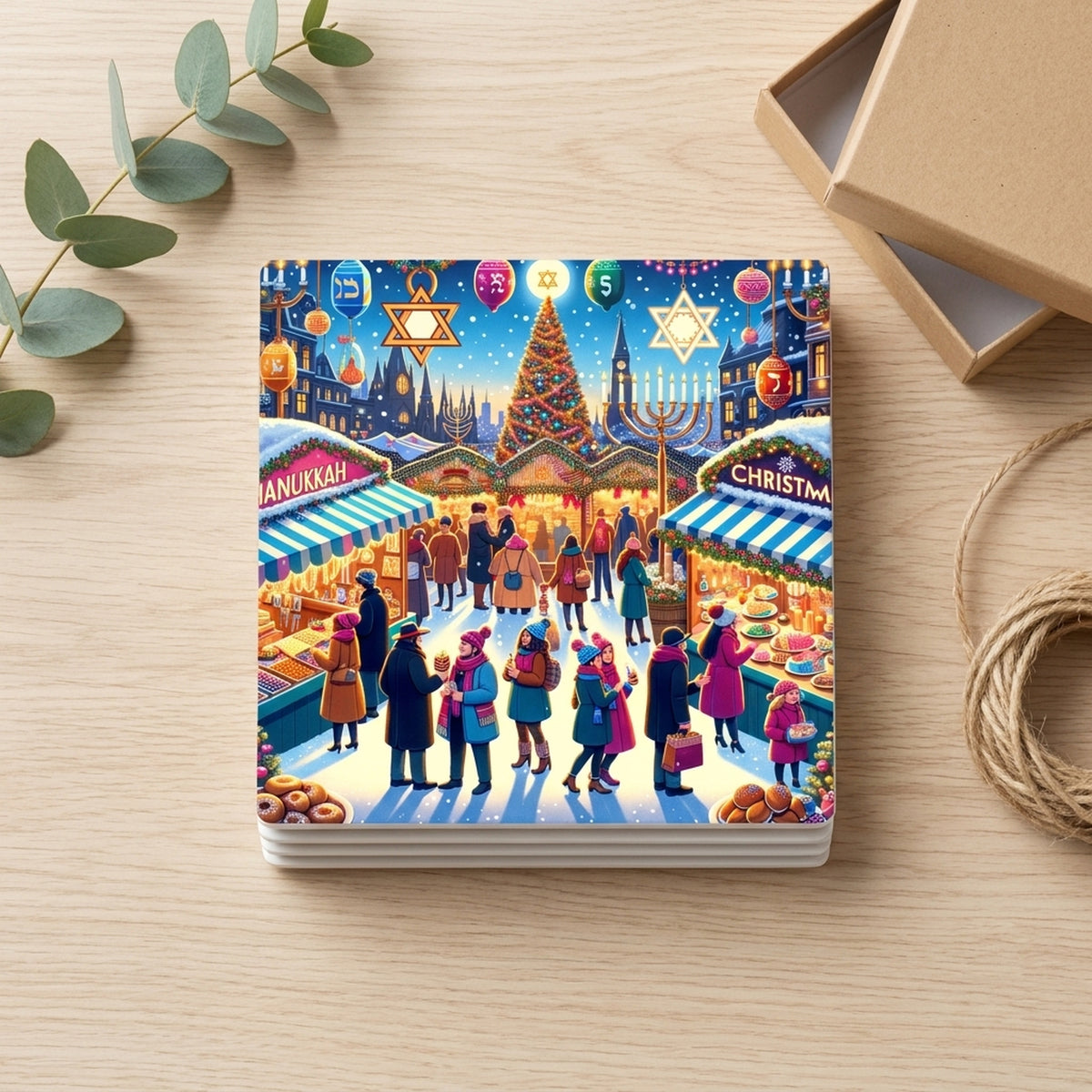Festive Holiday Market ceramic coasters set of 4, gift set