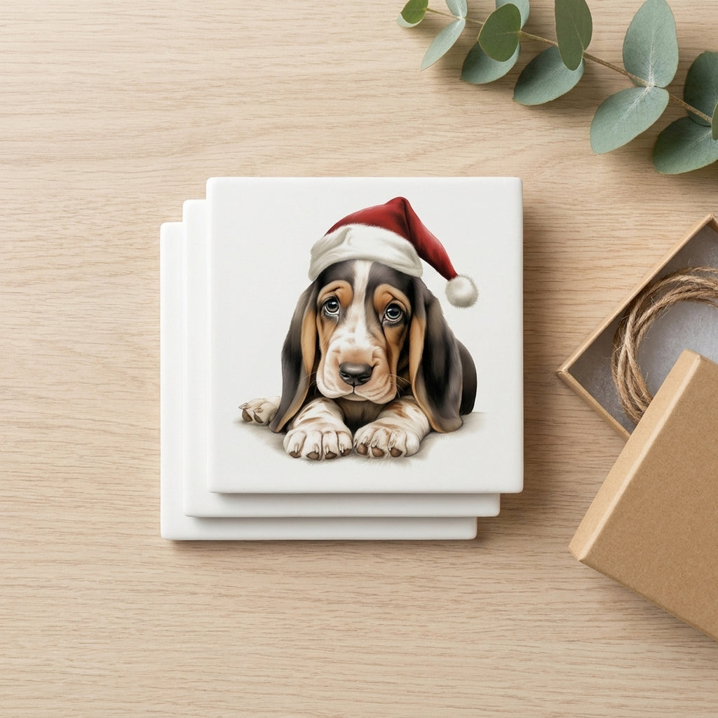 Basset Hound Puppy Drawing ceramic coasters set of 4, gift set