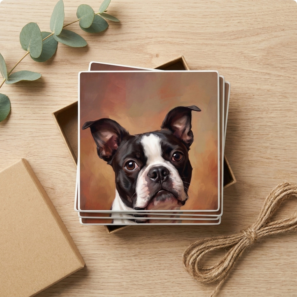 Boston Terrier Portrait ceramic coasters set of 4, gift set