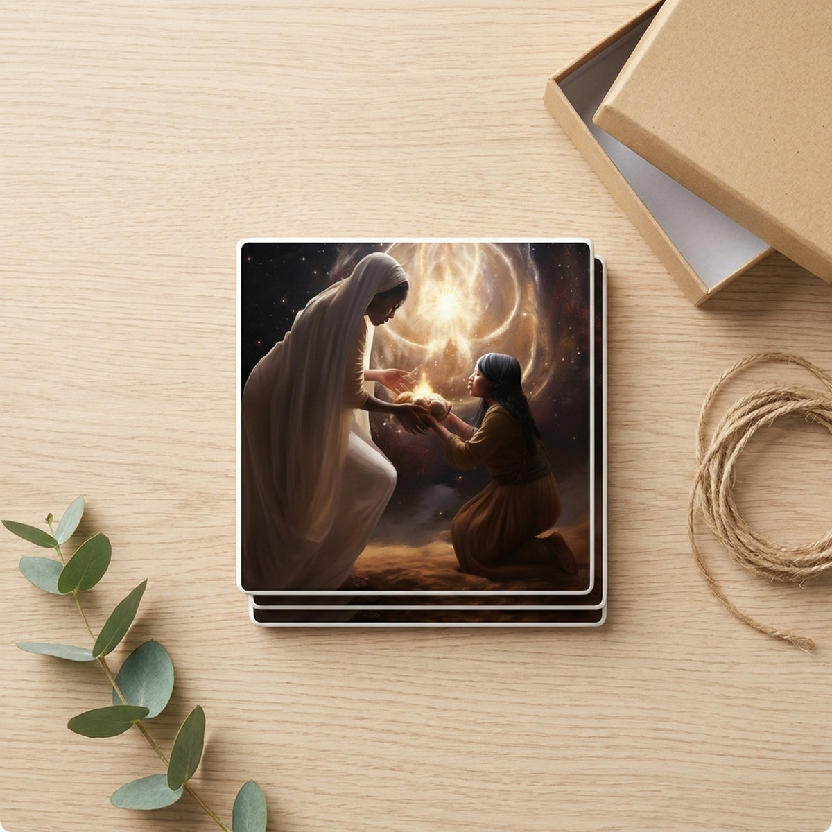 Celestial Gold Nativity ceramic coasters set of 4, gift set