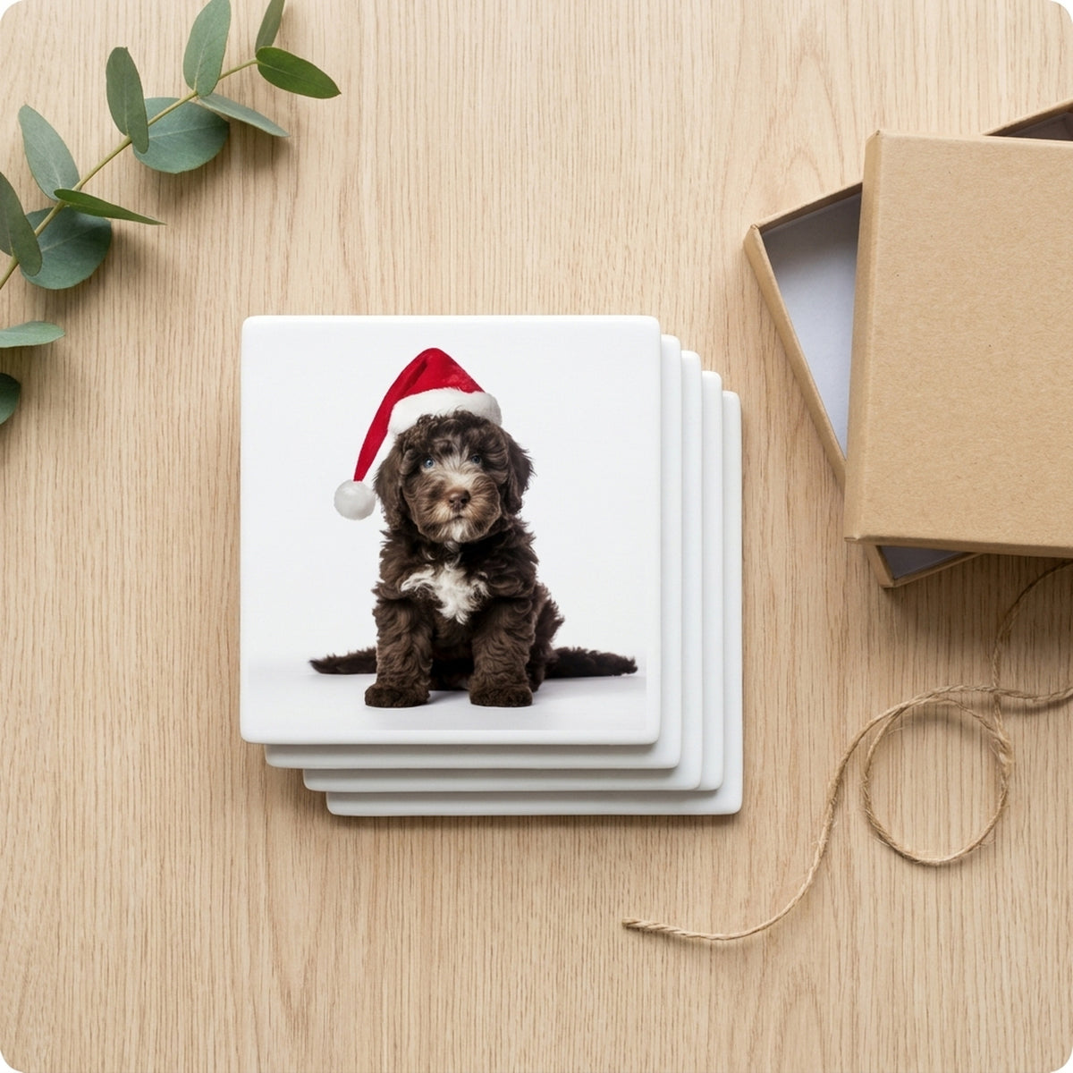 Spanish Water Dog Puppy ceramic coasters set of 4, gift set